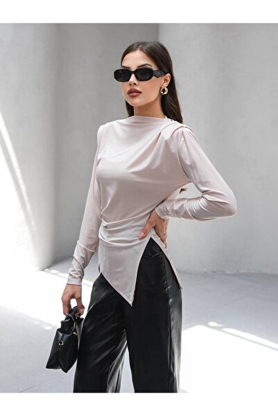MY DEPO Women's Shoulder Padded Draped Slit Detail Blouse