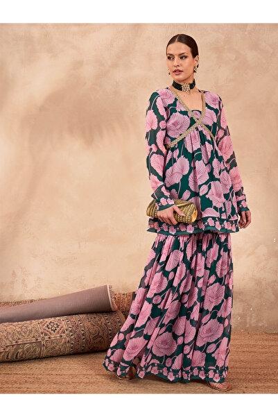 Sassafras By Styli Green and Pink Floral Peplum Top and Sharara Set