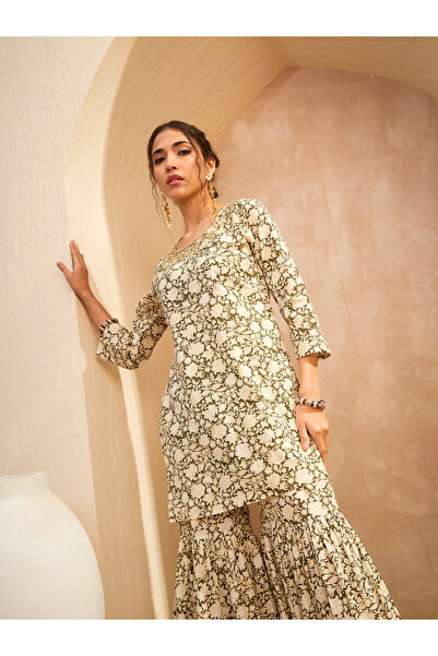 Sassafras By Styli Olive Floral Embroidered Kurta and Sharara Set