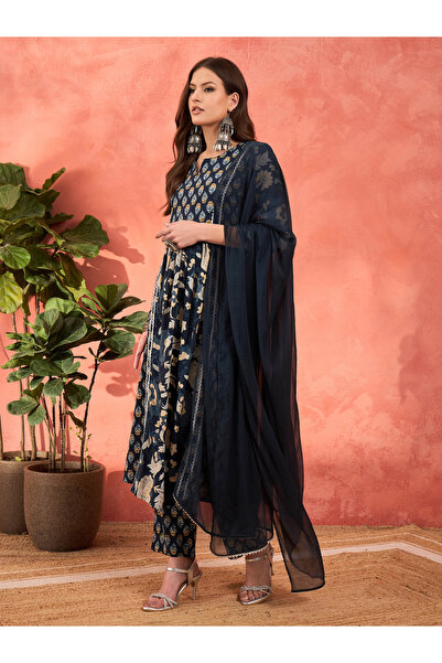 Sassafras By Styli Navy Floral Anarkali Kurta with Pencil Pants and Dupatta Set