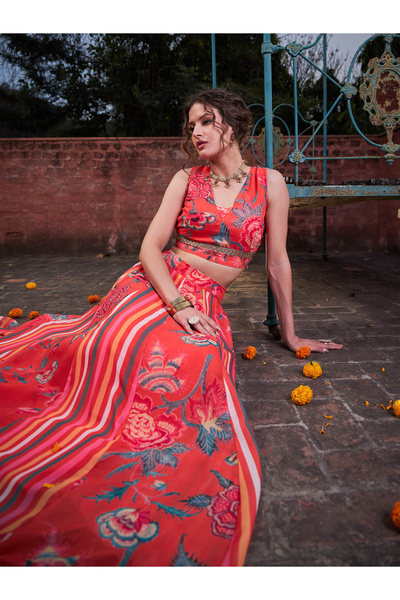 Sassafras By Styli Red Floral Sleeveless Crop Top with Anarkali Skirt