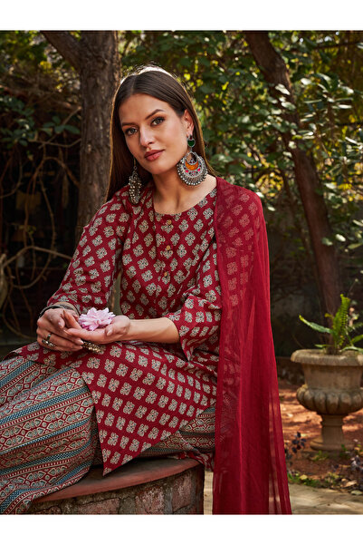Sassafras By Styli Maroon Floral Straight Kurta with Pants and Dupatta Set