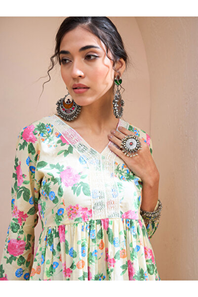 Sassafras By Styli Yellow Floral Cambric V Neck Peplum Kurti