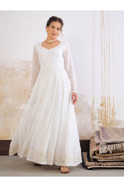 Sassafras By Styli White Sequence Sweetheart Neck Anarkali Kurta