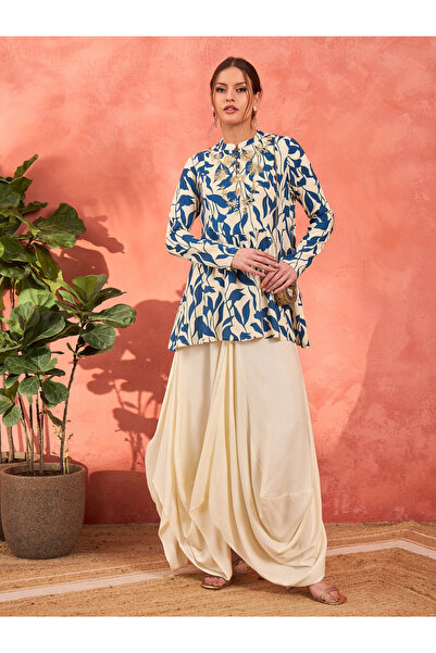 Sassafras By Styli Blue Floral Embroidered Rayon Peplum Top with Solid Dhoti Skirt Set
