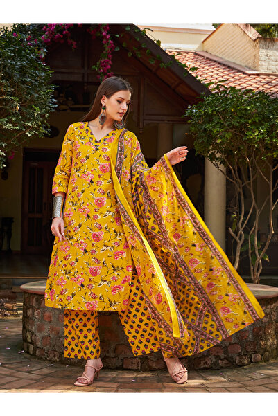 Sassafras By Styli Yellow Floral V-Neck Kurta with Pencil Pants and Dupatta Set