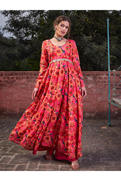Sassafras By Styli Pink Floral Poly Muslin Anarkali Kurta