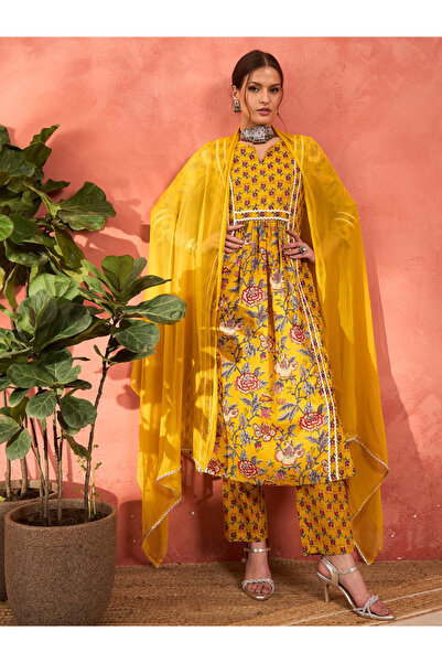 Sassafras By Styli Yellow Floral Anarkali Kurta with Pencil Pants and Dupatta Set