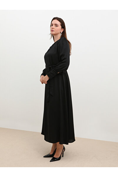 Alia By Styli Plus Black Maxi Dress with Self Tie-Belt