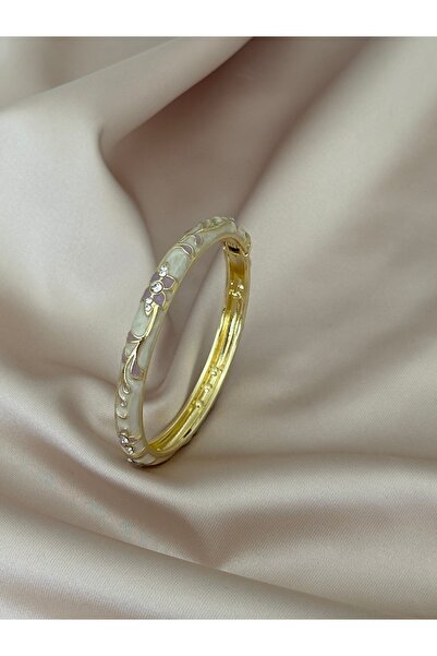 jewelerystore Kadın Çiçek Desenli Mineli Çelik Kelepçe/Bileklik