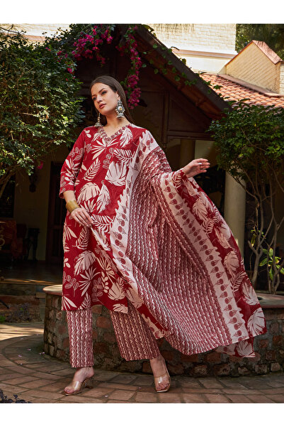 Sassafras By Styli Maroon Floral V-Neck Kurta with Pencil Pants and Dupatta Set