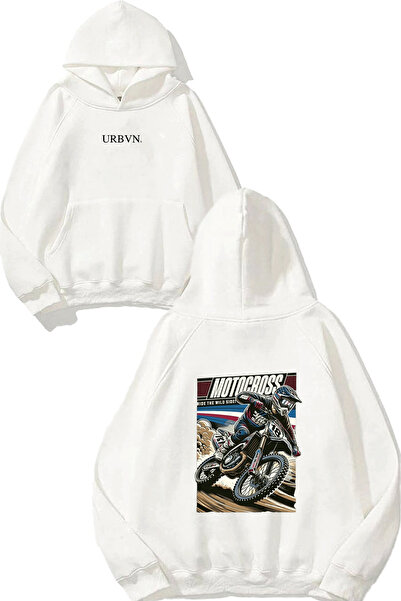 urbvn سويت شيرت أبيض كبير الحجم مطبوع بتصميم موتو كروس