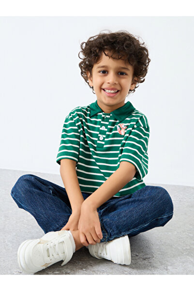 Styli Boys Dark Green Striped Polo T-Shirt
