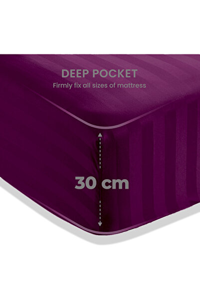 Eworld 4 Pcs King Size Dark Purple Striped Bedding Set, Microfiber Duvet Cover, Fitted Sheet & 2 Pillowcase