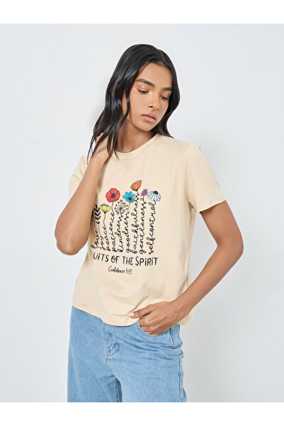 Take Two By Styli Women Beige Flower Graphic Print T-Shirt