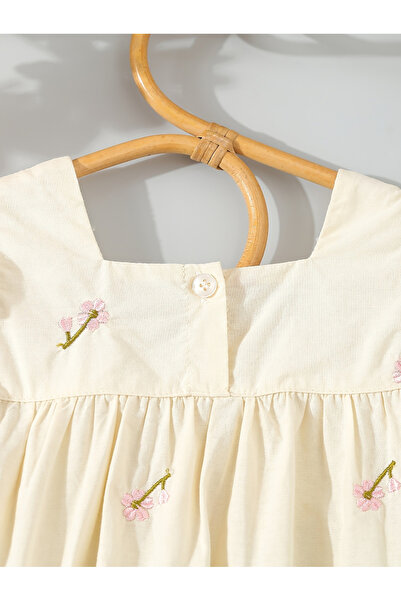 Styli Girls Cream Cotton Embroidered Lace Trim Dress
