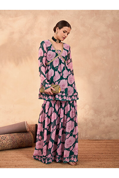 Sassafras By Styli Green and Pink Floral Peplum Top and Sharara Set