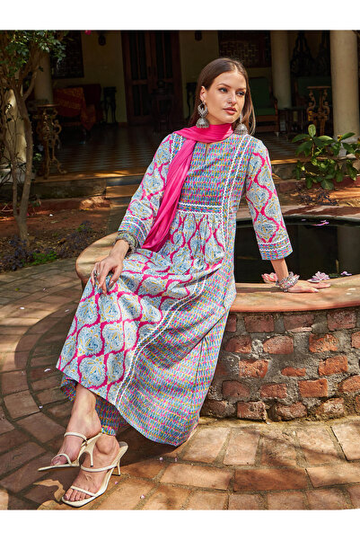 Sassafras By Styli Pink and Blue Floral Anarkali Kurta with Pencil Pants and Dupatta Set