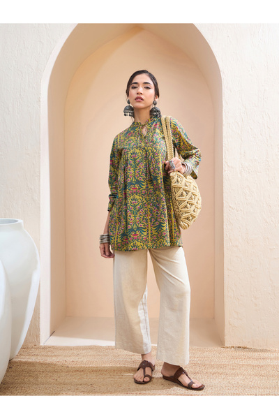 Sassafras By Styli Dark Mustard Floral Cambric Front Tie Knot Kurti