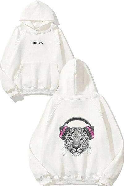 urbvn سويت شيرت أبيض كبير الحجم مطبوع عليه تصميم ليوبارد مع سماعات