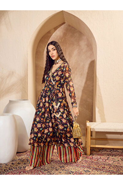 Sassafras By Styli Black Floral Wrap Anarkali Kurta and Palazzo Pants Set