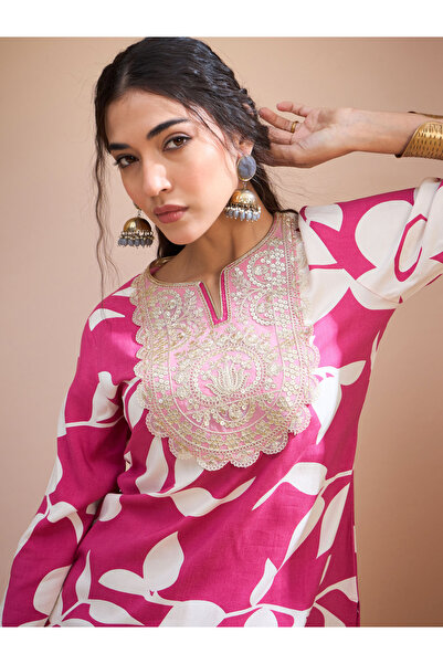Sassafras By Styli Pink Floral Embroidered Kurta and Dhoti Skirt Set