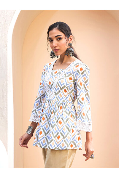 Sassafras By Styli White Geometric Print Peplum Kurti