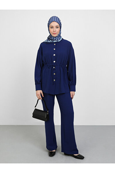 Refka By Styli Navy Blue Buttoned Ruched Waist Tunic with Trousers Co-Ords