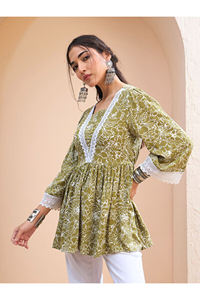 Sassafras By Styli Green Floral V Neck Peplum Kurti