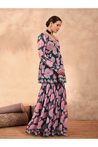 Sassafras By Styli Green and Pink Floral Peplum Top and Sharara Set