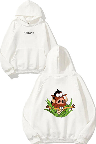 urbvn Timon Design Printed Oversize White Hooded Sweatshirt