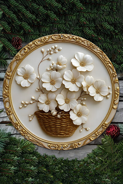 kutuTR Altın Detaylı Çiçek Sepetli UV Baskılı 3D GÜRÜNÜMLÜ MDF Duvar Süsü – 33x33 cm & 20x20 cm DT116