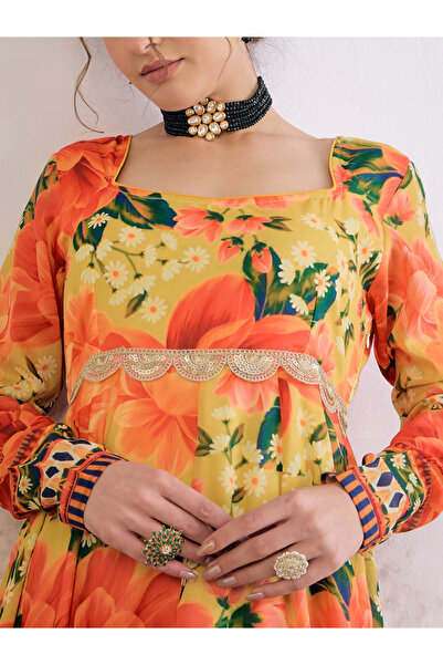 Sassafras By Styli Yellow Floral Poly Muslin Anarkali Kurta