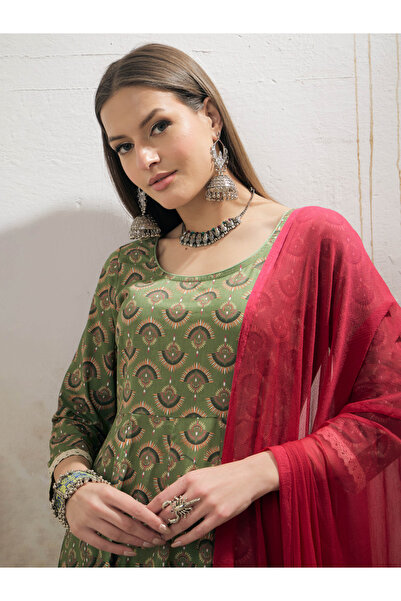 Sassafras By Styli Green Floral Print Anarkali Kurta with Pencil Pants and Dupatta Set