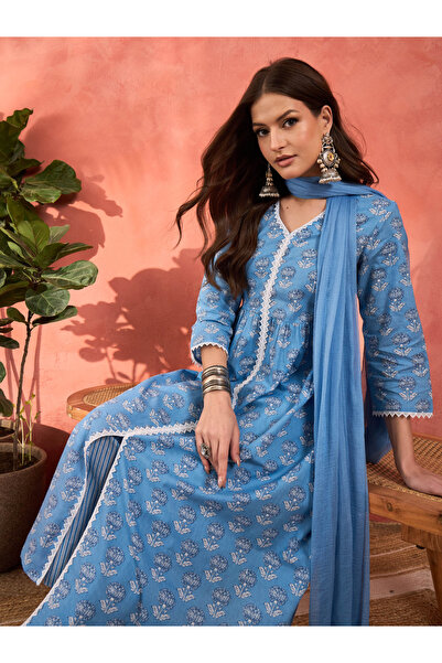 Sassafras By Styli Blue Floral Front Slit Kurta with Pencil Pants and Dupatta Set
