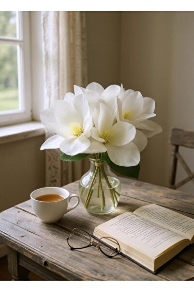 Nettenevime Yapay Çiçek 3Dallı Buket Manolya Gerçek Dokulu Magnolia 32cm BEYAZ