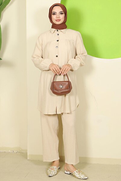 hafsamina Büzgülü Gömlekli İkili Takım Bej HM2689