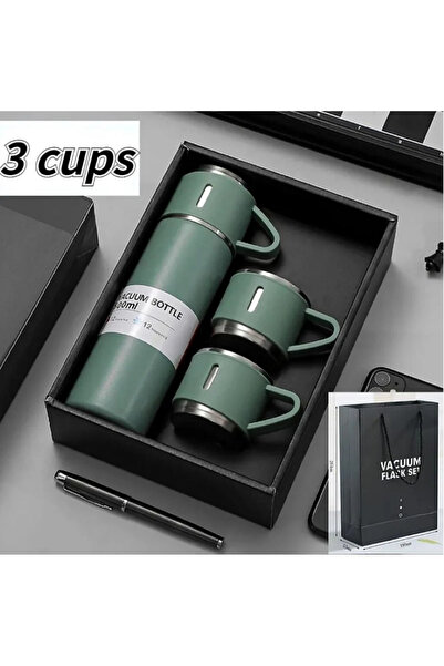 STAİNLES TERMOS/ 3 BARDAKLI VACUUM BOTTLE/KOYU YEŞİL RENK