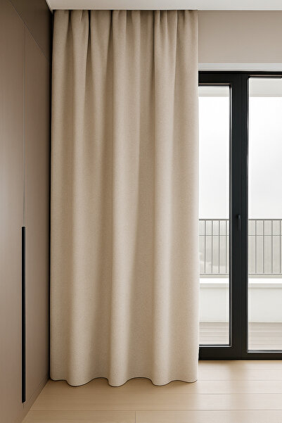 Ran Perde Koyu Krem - Modern Keten Fon Perde -Pilesiz - Tek Kanat