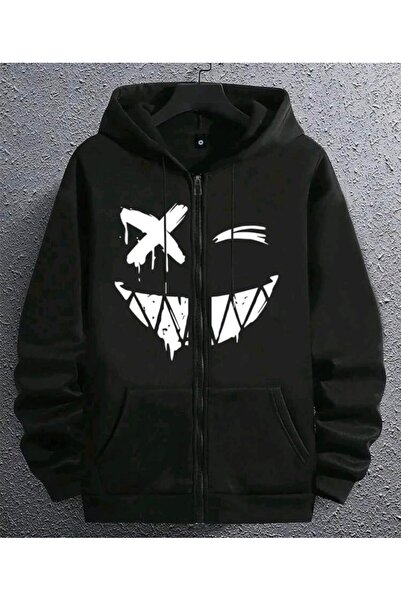 Elvino سترة رياضية سوداء كبيرة الحجم للجنسين مطبوعة بوجه مبتسم على طراز ملابس...