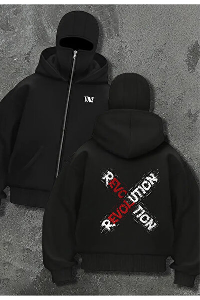 Toum سترة كارديجان بقلنسوة سوداء كبيرة الحجم بتفاصيل قناع من مجموعة توز للجنسين