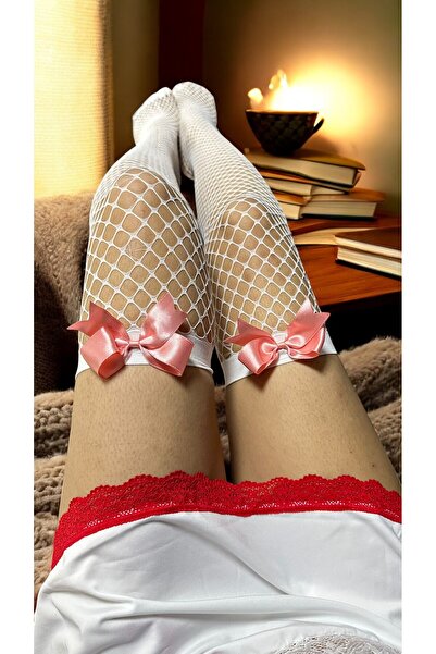 DOSESA Women's Fishnet Bow Detailed Fancy Garter Stockings