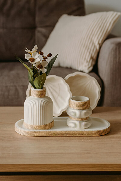 dekoratifim Rustik Bambu Sargılı Harmoni Set 3’lü Açık kahve