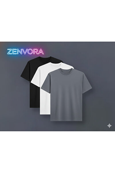 PERISENSE تي شيرت قطني 100% للجنسين مكون من 3 قطع من القطن الممشط - أبيض - أسود