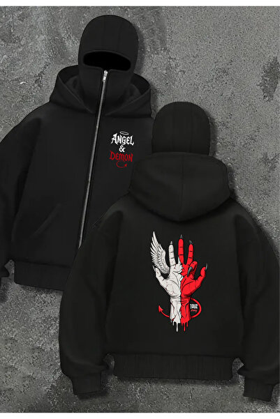 Toum سترة كارديجان بقلنسوة سوداء كبيرة الحجم بتفاصيل قناع من مجموعة توز للجنسين