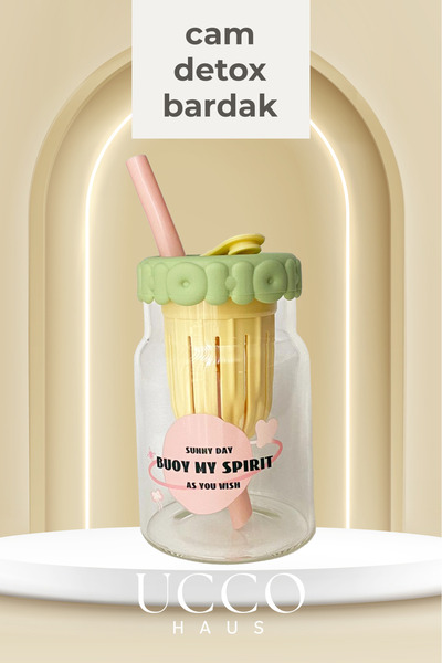 UCCO 550ml Spirit Patterned Glass Detox Flask with Straw - Presentation Cup for Milk, Water, Soft Drinks, Lemonade