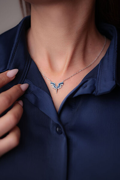 Kiriş Gümüş 925 Ayar Gümüş Lacivert-Turkuaz Mikail Kadın Gümüş Kolye (40+5CM)...