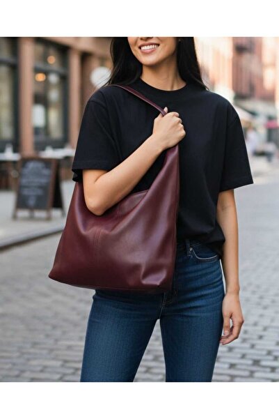 FEMORE Modern Tasarım Bordo Büyük Boy Suni Deri Omuz Çantası