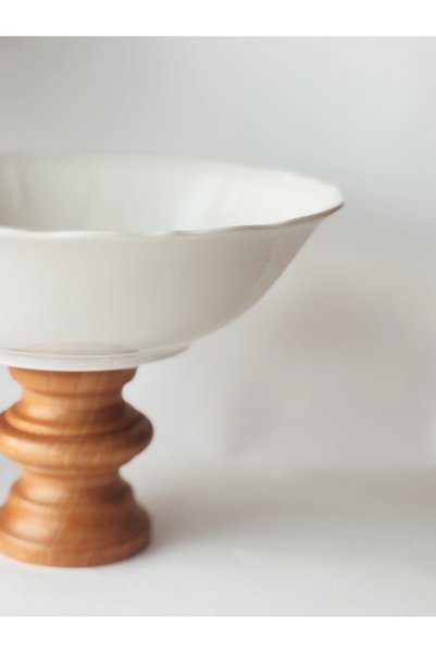 Madas Desıgn Porcelain Serving Dish with Wooden Legs, Fruit Bowl, Serving Dish with Legs, Salad Bowl, Cookie Dish, Serving Plate
