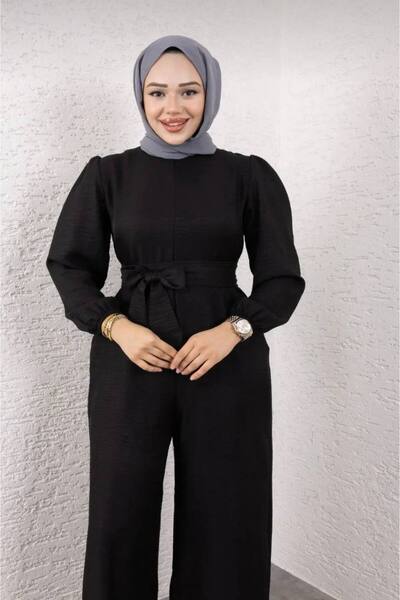 Gülmude Hijab Wrapped Wide Belt Black Jumpsuit